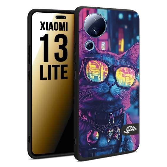 CUSTOMIZZA - Custodia cover nera morbida in tpu compatibile per Xiaomi 13 LITE animali cyberpunk gatto street cat fucsia blu giallo