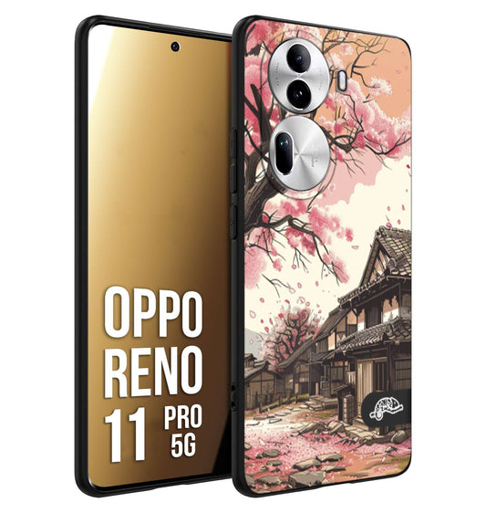 CUSTOMIZZA - Custodia cover nera morbida in tpu compatibile per Oppo Reno 11 PRO 5G casa giapponese rosa ciliegio in fiore disegnata tattoo
