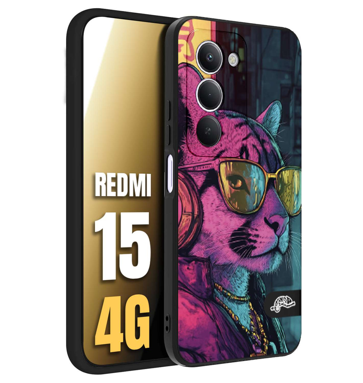 CUSTOMIZZA - Custodia cover nera morbida in tpu compatibile per Xiaomi Redmi 15 4G animali cyberpunk pantera street cat fucsia blu giallo