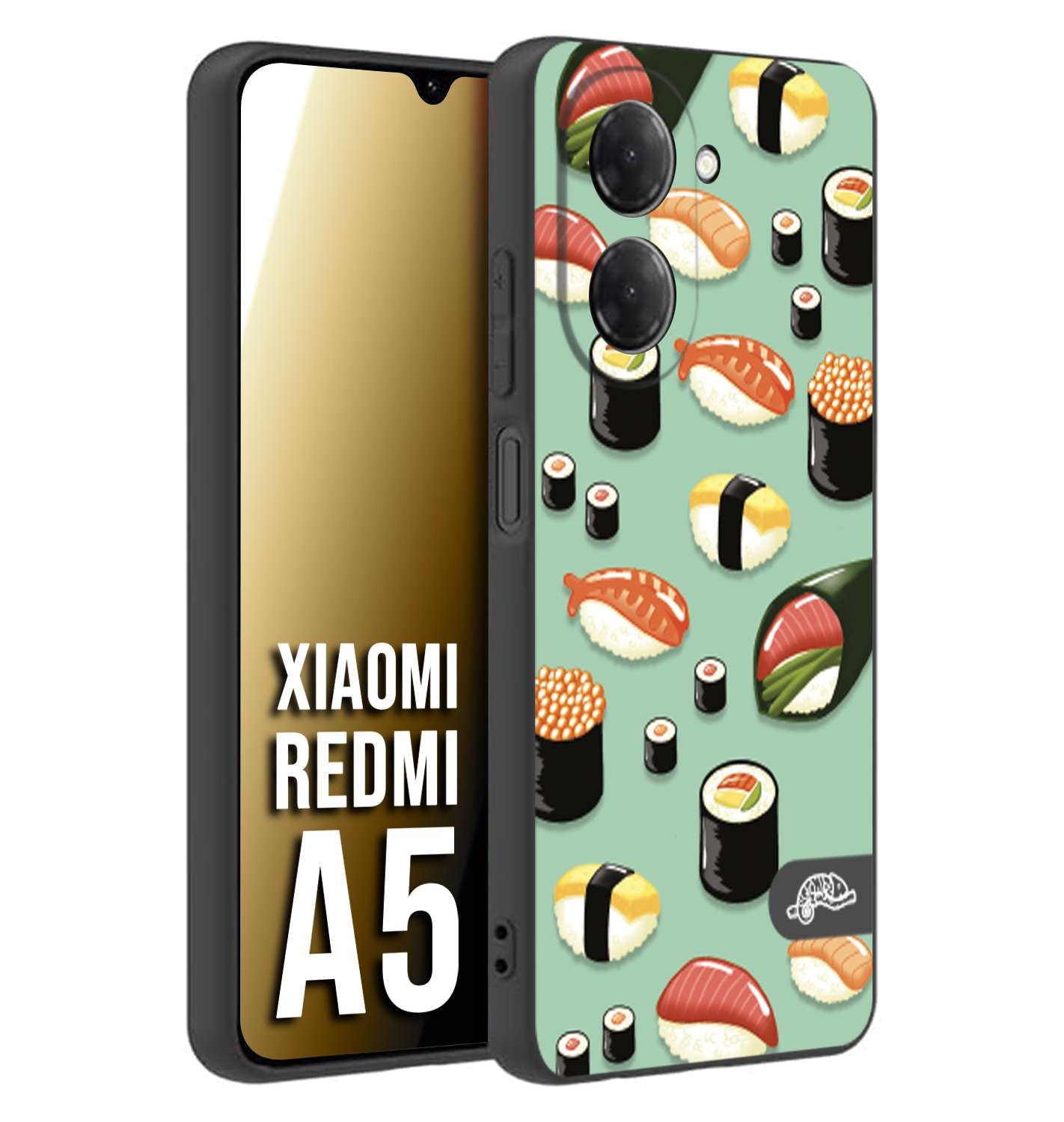 CUSTOMIZZA - Custodia cover nera morbida in tpu compatibile per Xiaomi Redmi A5 sushi disegni giapponese nighiri acquamarina verde