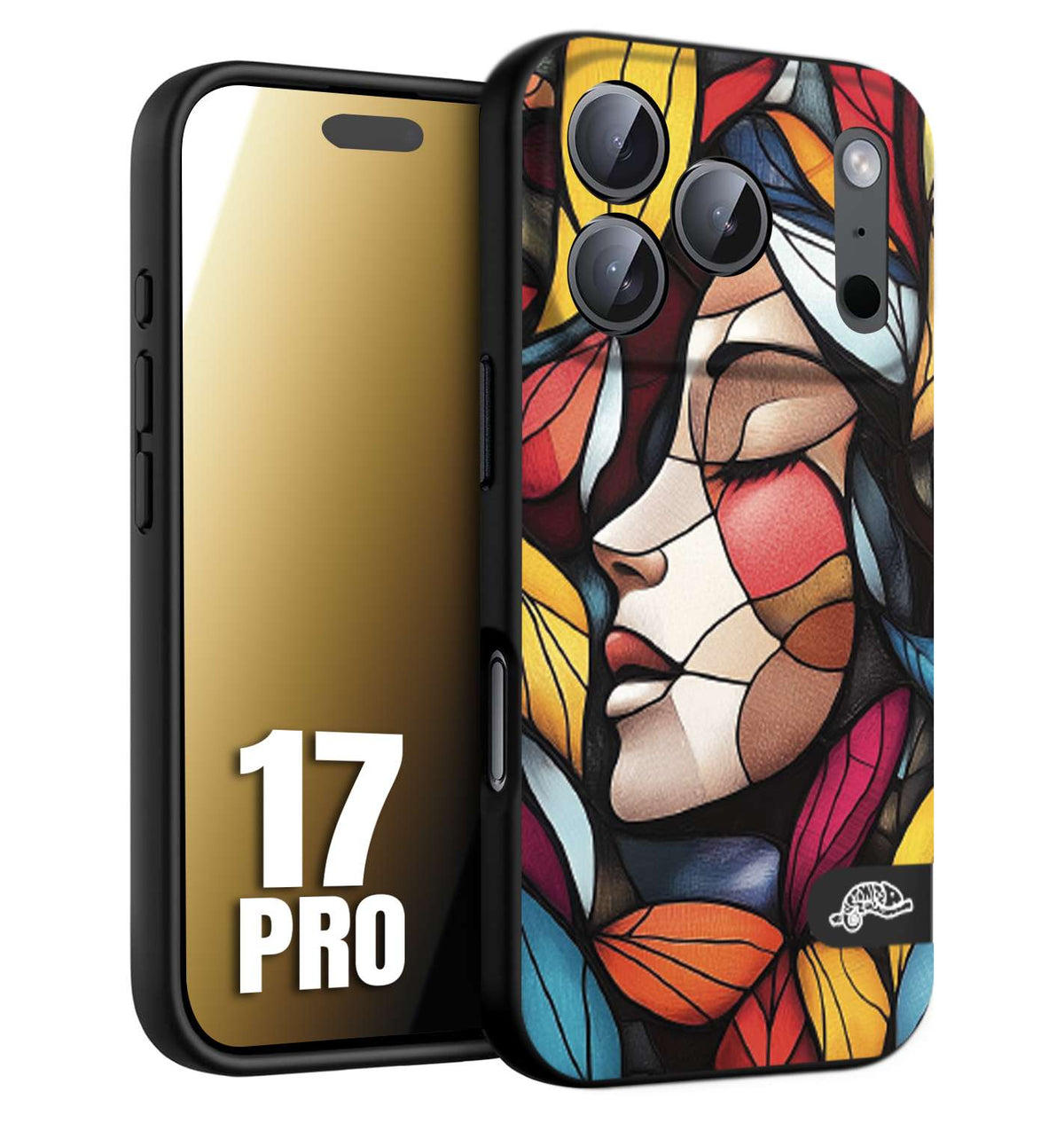 CUSTOMIZZA - Custodia cover nera morbida in tpu compatibile per iPhone 17 PRO Vetrata artistica volto di donna profilo fogliare mosaico di vetro colorato