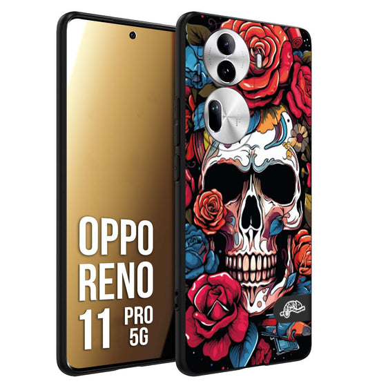 CUSTOMIZZA - Custodia cover nera morbida in tpu compatibile per Oppo Reno 11 PRO 5G teschio skull flowers fiori rose rosse tattoo disegnato