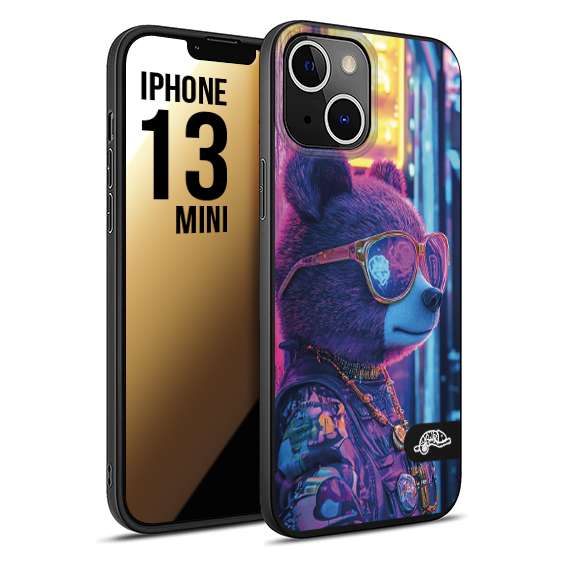 CUSTOMIZZA - Custodia cover nera morbida in tpu compatibile per iPhone 13 MINI animali cyberpunk orsetto orso street bear fucsia blu night