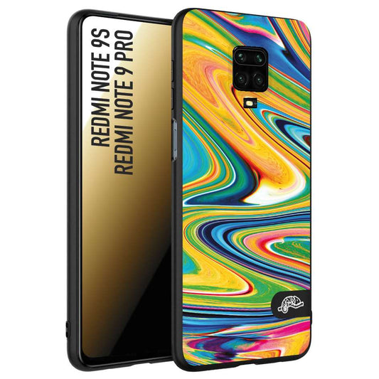 CUSTOMIZZA - Custodia cover nera morbida in tpu compatibile per Xiaomi Redmi Note 9S - Note 9 PRO colorata fantasia vortice marmo arcobaleno gialla verde blu