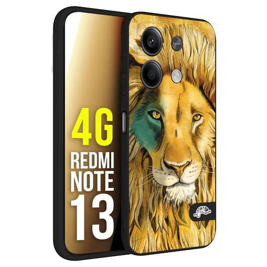 CUSTOMIZZA - Custodia cover nera morbida in tpu compatibile per Xiaomi Redmi Note 13 4G leone lion disegnato a mano giallo blu a rilievo artistico brown