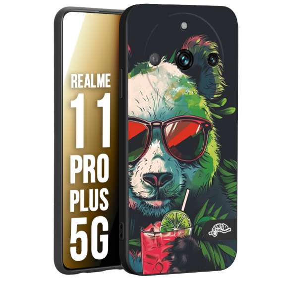 CUSTOMIZZA - Custodia cover nera morbida in tpu compatibile per Oppo Realme 11 PRO PLUS 5G estate disegnata cocktails animali simpatici panda mojito