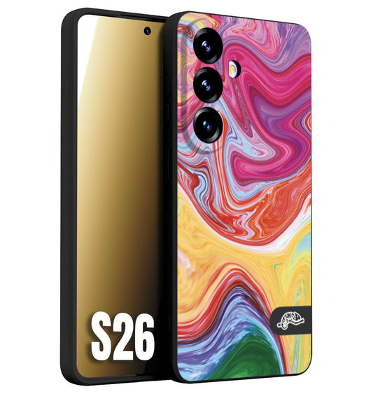 CUSTOMIZZA - Custodia cover nera morbida in tpu compatibile per Samsung S26 colorata fantasia vortice marmo onde verde fucsia gialla