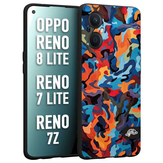 CUSTOMIZZA - Custodia cover nera morbida in tpu compatibile per Oppo Reno 7 Lite - 8 Lite - 7Z camouflage mimetico militare moderno blu arancio rosso
