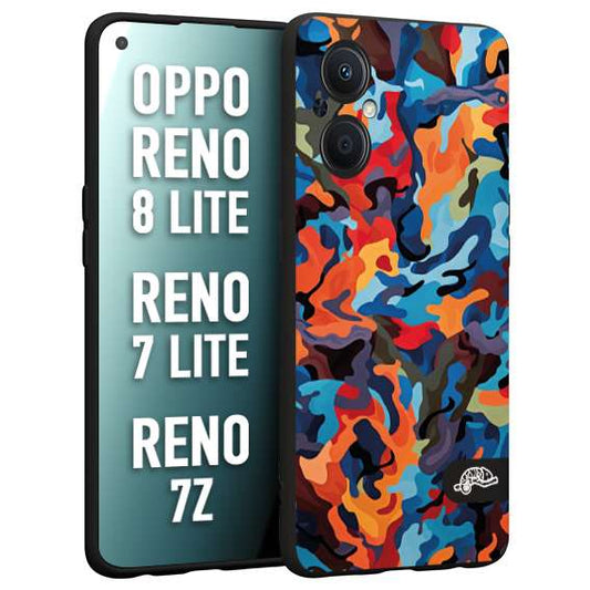 CUSTOMIZZA - Custodia cover nera morbida in tpu compatibile per Oppo Reno 7 Lite - 8 Lite - 7Z camouflage mimetico militare moderno blu arancio rosso
