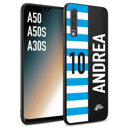 CUSTOMIZZA - Custodia cover nera morbida in tpu compatibile per Samsung A50 - A50S - A30S personalizzata calcio football nome e numero calciatori biancazzurri