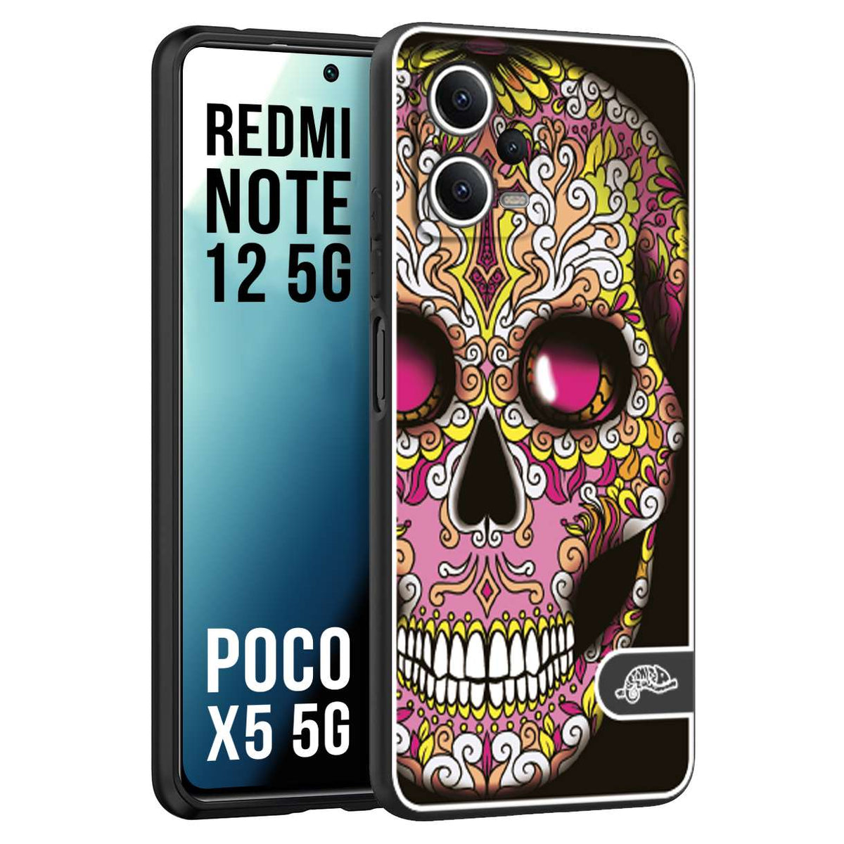 CUSTOMIZZA - Custodia cover nera morbida in tpu compatibile per Xiaomi Redmi Note 12 5G - POCO X5 5G teschio messicano Mexican skull rosa gialla