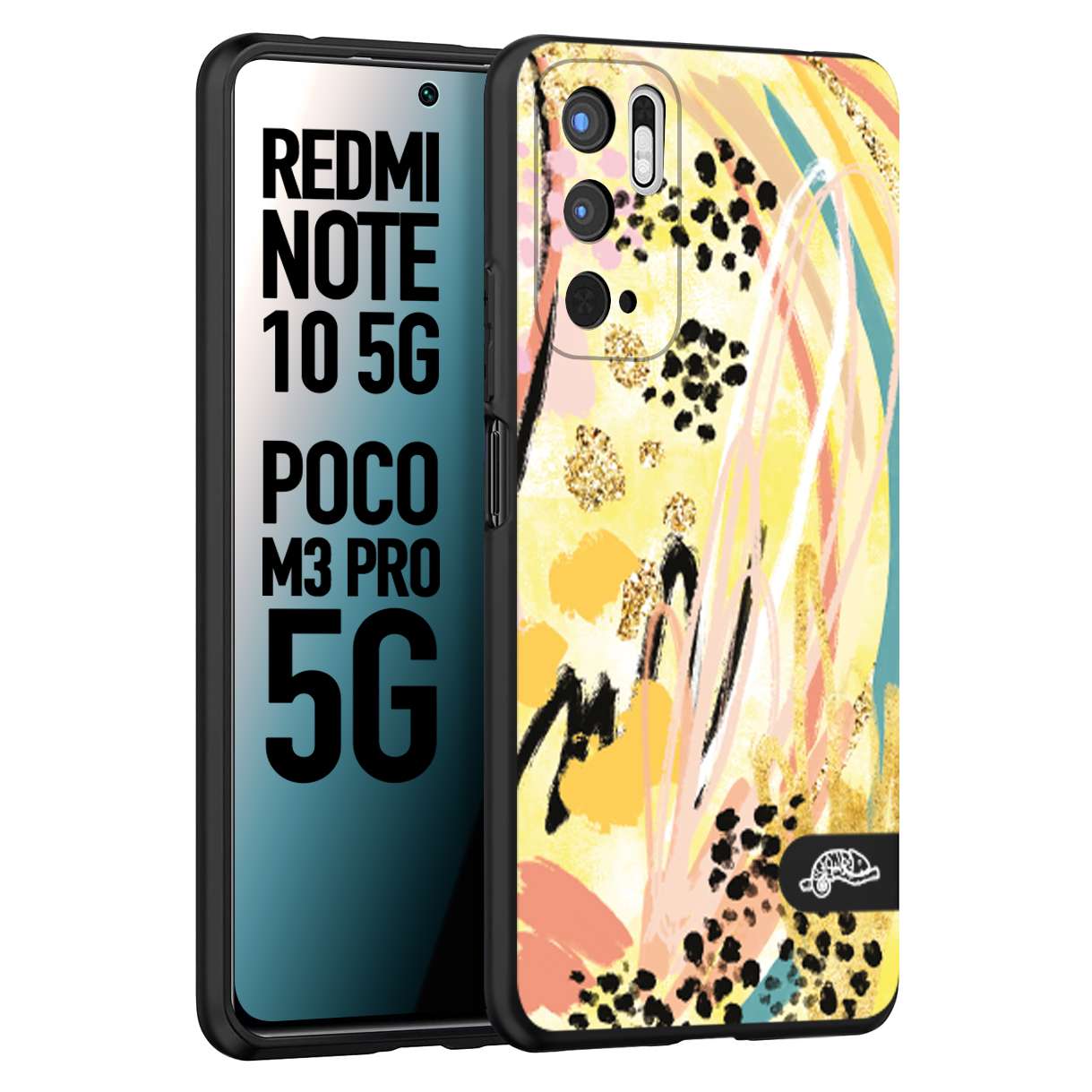 CUSTOMIZZA - Custodia cover nera morbida in tpu compatibile per Xiaomi Redmi Note 10 5G - Poco M3 Pro 5G astratti donna flower fantasia estate gialla rosa leopardata