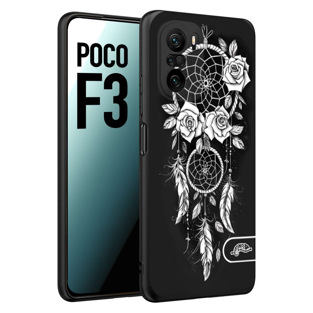CUSTOMIZZA - Custodia cover nera morbida in tpu compatibile per Xiaomi Poco F3 acchiappasogni dreamcatcher black and white bianco a rilievo disegnato tattoo tatuaggio