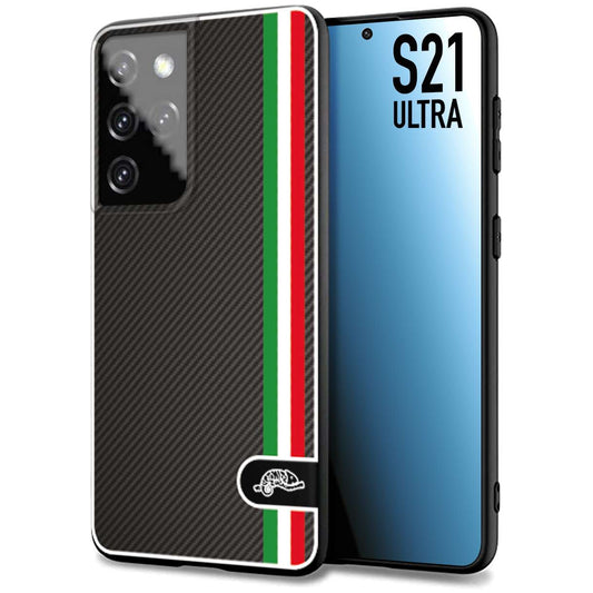 CUSTOMIZZA - Custodia cover nera morbida in tpu compatibile per Samsung S21 ULTRA effetto fibra di carbonio bandiera Italia made in Italy