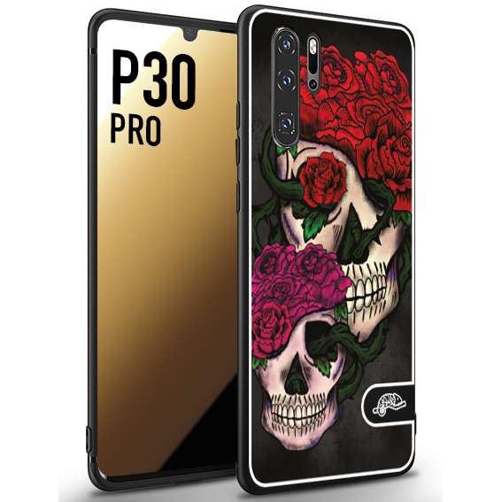 CUSTOMIZZA - Custodia cover nera morbida in tpu compatibile per Huawei P30 PRO teschi e rose rosse fucsia skull and roses