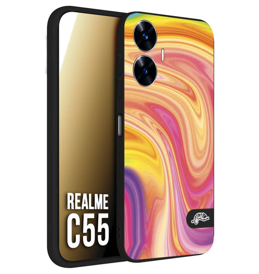 CUSTOMIZZA - Custodia cover nera morbida in tpu compatibile per Realme C55 colorata fantasia vortice marmo onde rosa fucsia gialla