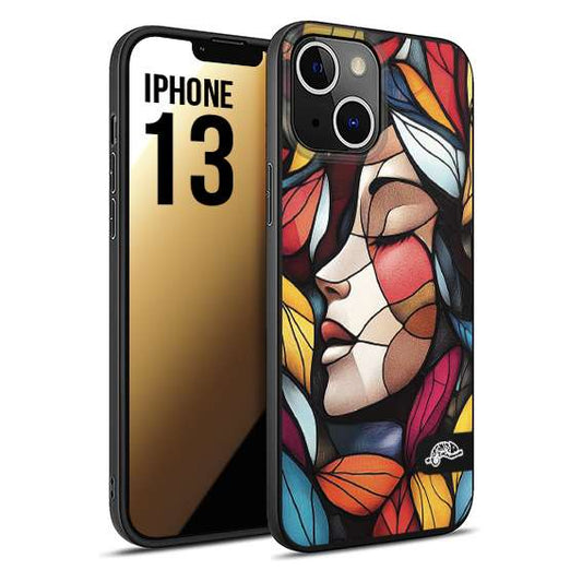 CUSTOMIZZA - Custodia cover nera morbida in tpu compatibile per iPhone 13 Vetrata artistica volto di donna profilo fogliare mosaico di vetro colorato