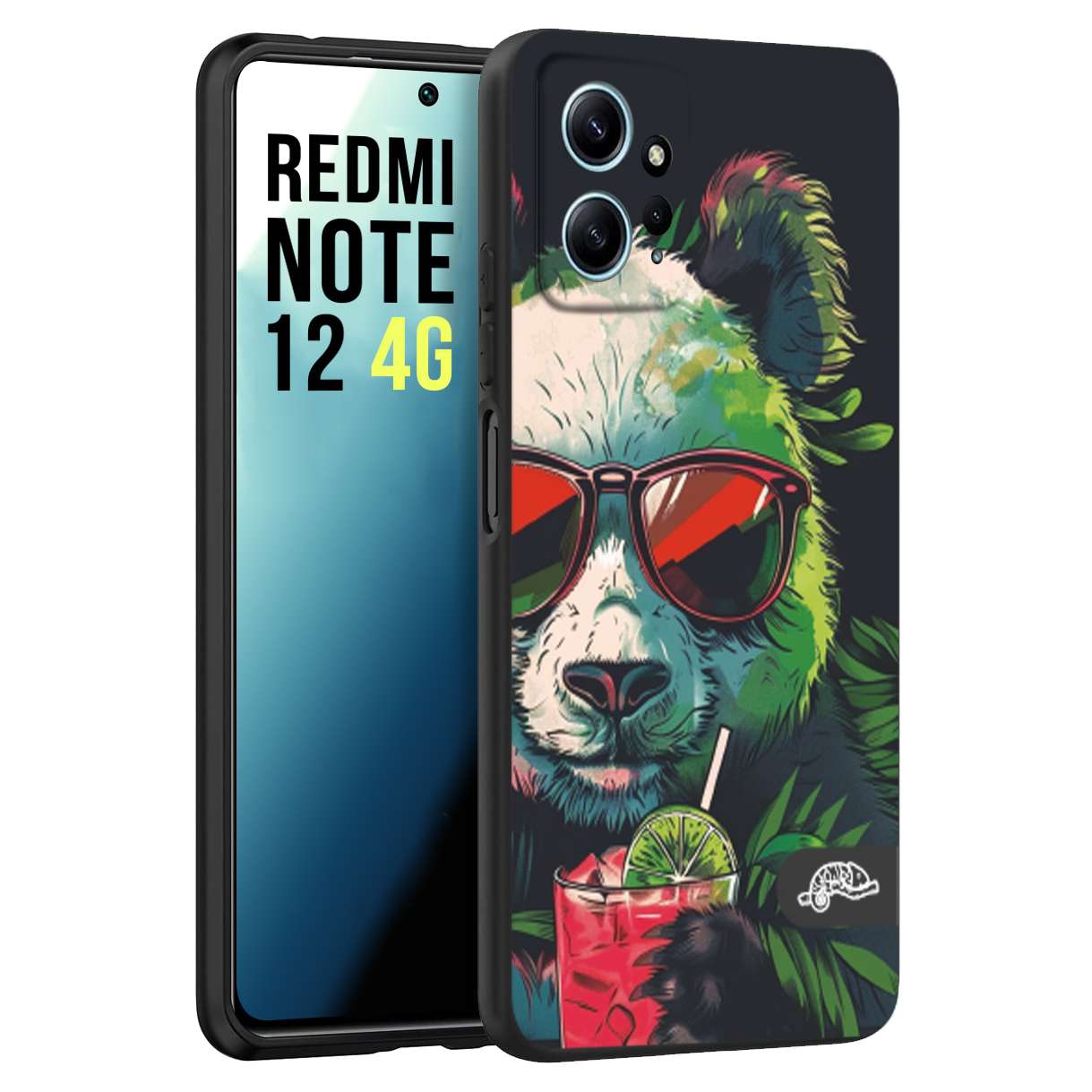 CUSTOMIZZA - Custodia cover nera morbida in tpu compatibile per Xiaomi Redmi Note 12 4G estate disegnata cocktails animali simpatici panda mojito