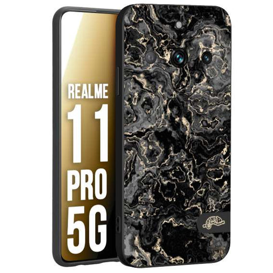 CUSTOMIZZA - Custodia cover nera morbida in tpu compatibile per Realme 11 PRO 5G effetto marmo marble nero black venature dorato pietra