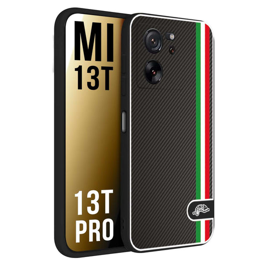 CUSTOMIZZA - Custodia cover nera morbida in tpu compatibile per Xiaomi 13T - 13T PRO effetto fibra di carbonio bandiera Italia made in Italy