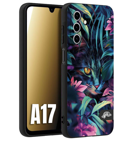CUSTOMIZZA - Custodia cover nera morbida in tpu compatibile per Samsung A17 animali color giungla tropicale occhio di gatto colori vibranti disegnato