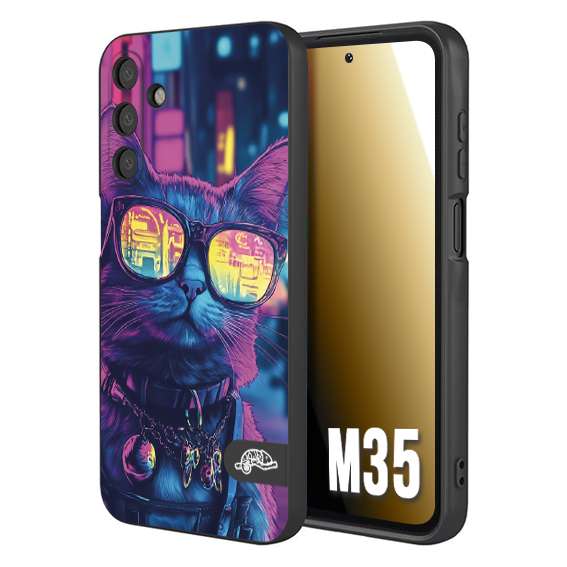 CUSTOMIZZA - Custodia cover nera morbida in tpu compatibile per Samsung M35 animali cyberpunk gatto street cat fucsia blu giallo