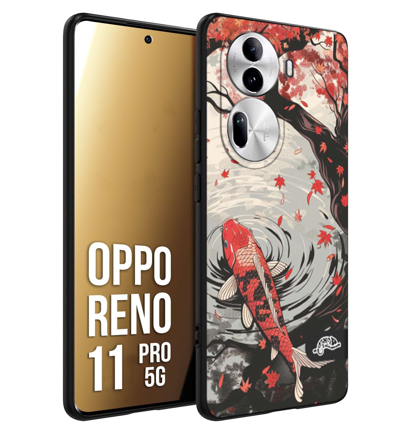 CUSTOMIZZA - Custodia cover nera morbida in tpu compatibile per Oppo Reno 11 PRO 5G giapponese lago carpa koi rossa con foglie d'acero rosso disegnata tattoo