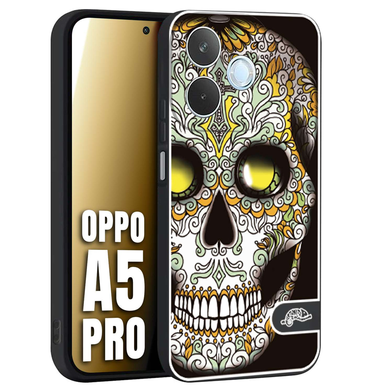 CUSTOMIZZA - Custodia cover nera morbida in tpu compatibile per Oppo A5 PRO teschio messicano Mexican skull bianco verde giallo