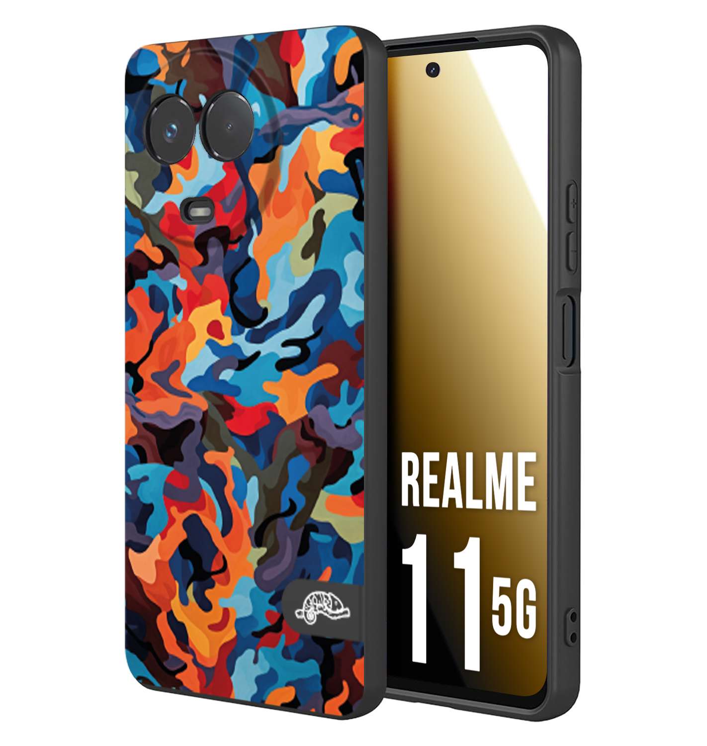 CUSTOMIZZA - Custodia cover nera morbida in tpu compatibile per Oppo Realme 11 5G camouflage mimetico militare moderno blu arancio rosso