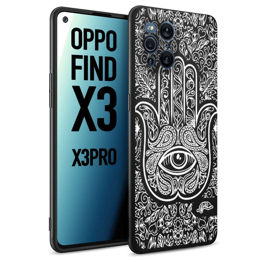 CUSTOMIZZA - Custodia cover nera morbida in tpu compatibile per Oppo Find X3 - Find X3 Pro 5G mano di fatima effetto rilievo mandala donna