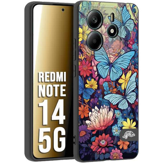 CUSTOMIZZA - Custodia cover nera morbida in tpu compatibile per Xiaomi Redmi Note 14 5G farfalle butterfly moderno donna disegnate gialla blu rosa