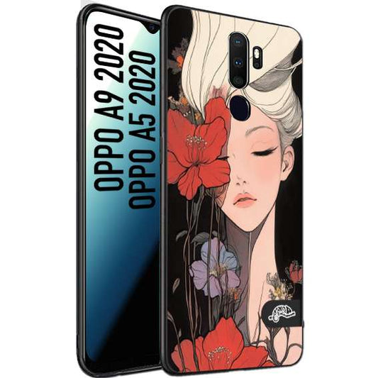 CUSTOMIZZA - Custodia cover nera morbida in tpu compatibile per Oppo A9 2020 - A5 2020 woman flower Fantasia Floreale Design Donna e Fiori, Retro Artistico