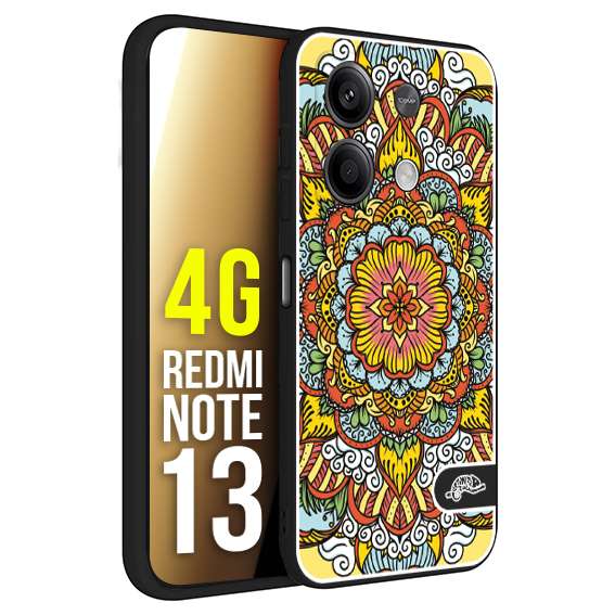 CUSTOMIZZA - Custodia cover nera morbida in tpu compatibile per Xiaomi Redmi Note 13 4G mandala colorato fiore nuvole arancione