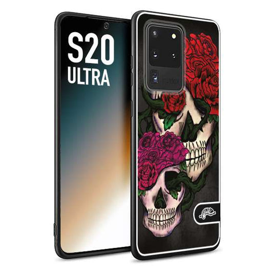 CUSTOMIZZA - Custodia cover nera morbida in tpu compatibile per Samsung S20 ULTRA teschi e rose rosse fucsia skull and roses