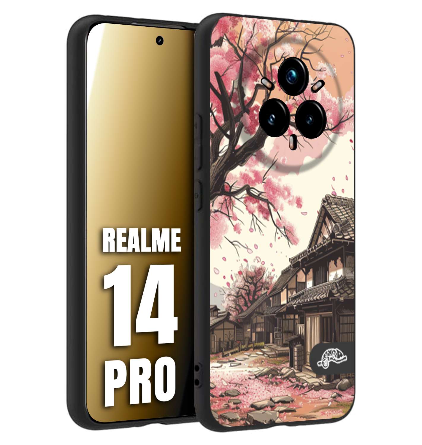 CUSTOMIZZA - Custodia cover nera morbida in tpu compatibile per Realme 14 PRO casa giapponese rosa ciliegio in fiore disegnata tattoo