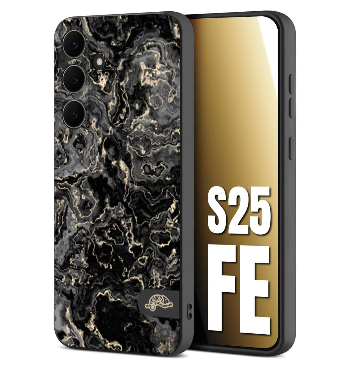 CUSTOMIZZA - Custodia cover nera morbida in tpu compatibile per Samsung S25 FE effetto marmo marble nero black venature dorato pietra
