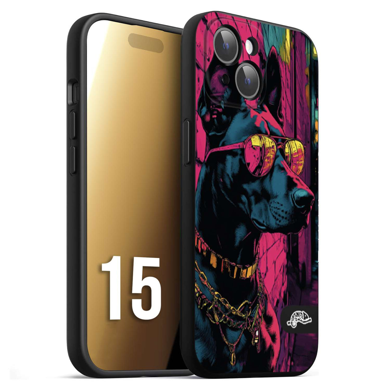 CUSTOMIZZA - Custodia cover nera morbida in tpu compatibile per iPhone 15 animali cyberpunk dobermann cane street dog fucsia blu