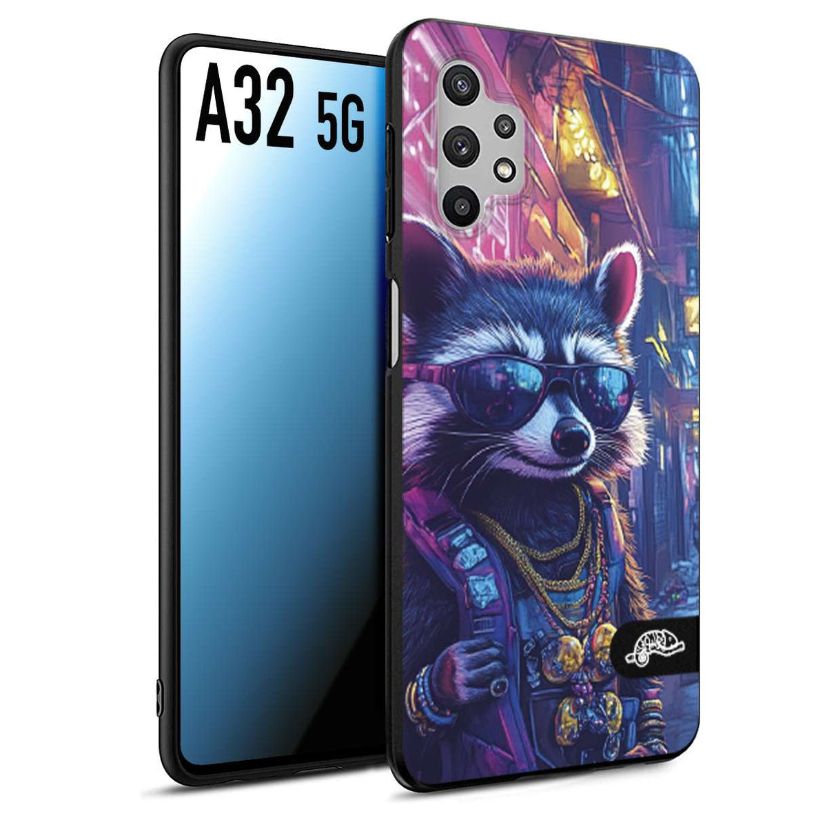 CUSTOMIZZA - Custodia cover nera morbida in tpu compatibile per Samsung A32 5G animali simpatici cyberpunk procione racoon street cat fucsia blu giallo