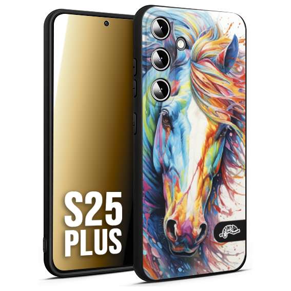 CUSTOMIZZA - Custodia cover nera morbida in tpu compatibile per Samsung S25 PLUS animali color cavallo horse viso colori vibranti disegnato schizzo