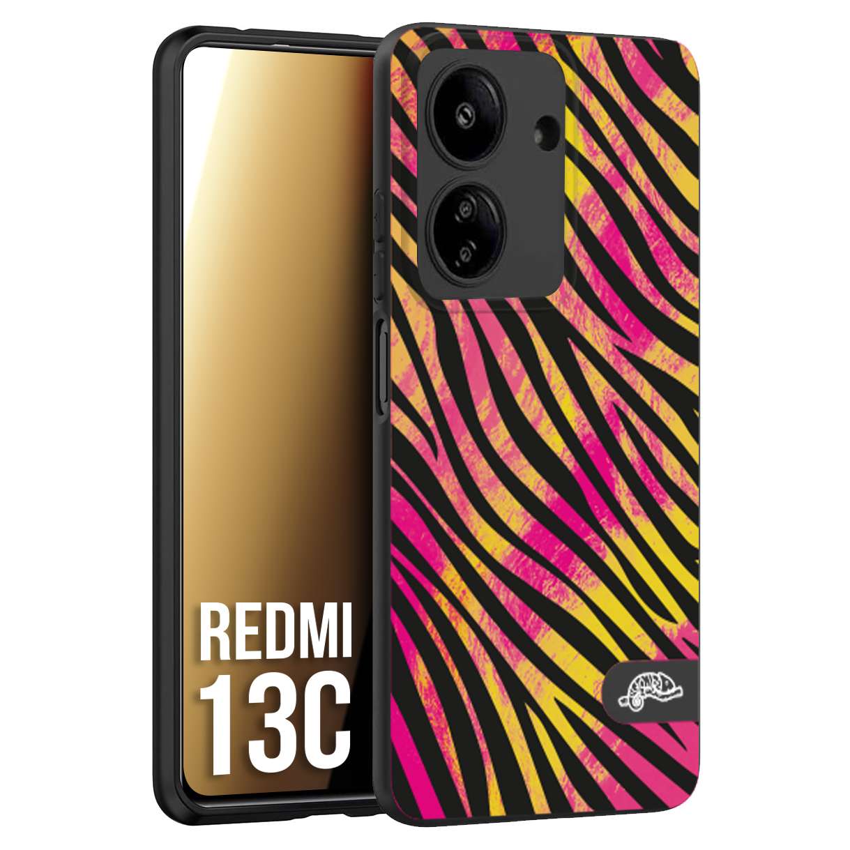 CUSTOMIZZA - Custodia cover nera morbida in tpu compatibile per Xiaomi Redmi 13C zebrata maculata a rilievo soft touch donna fucsia gialla