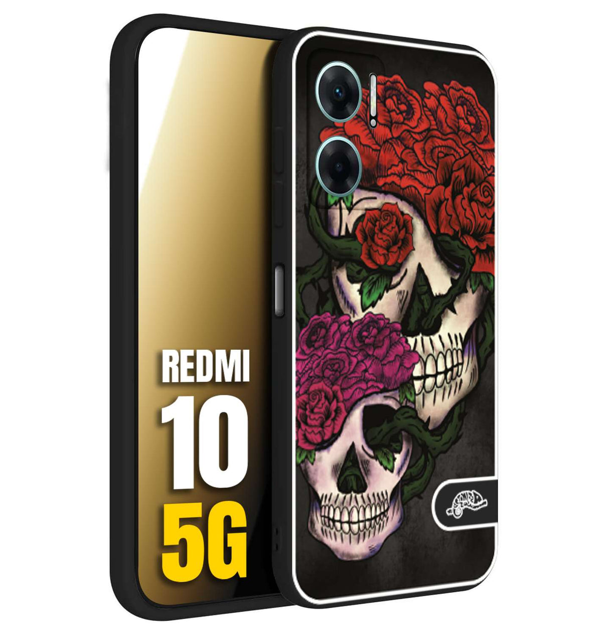 CUSTOMIZZA - Custodia cover nera morbida in tpu compatibile per Xiaomi Redmi 10 5G teschi e rose rosse fucsia skull and roses