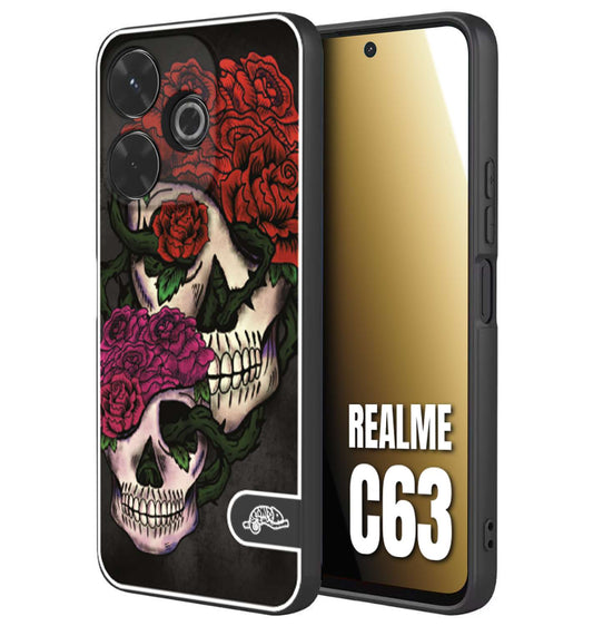 CUSTOMIZZA - Custodia cover nera morbida in tpu compatibile per Realme C63 teschi e rose rosse fucsia skull and roses