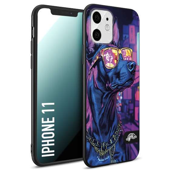 CUSTOMIZZA - Custodia cover nera morbida in tpu compatibile per iPhone 11 animali cyberpunk dobermann cane street dog fucsia blu night