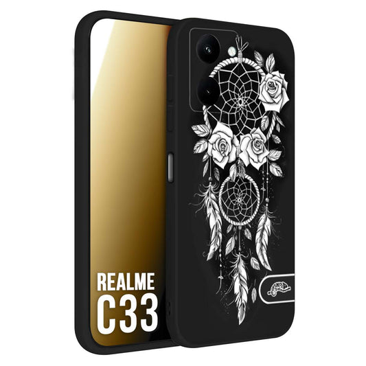 CUSTOMIZZA - Custodia cover nera morbida in tpu compatibile per Realme C33 acchiappasogni dreamcatcher black and white bianco a rilievo disegnato tattoo tatuaggio