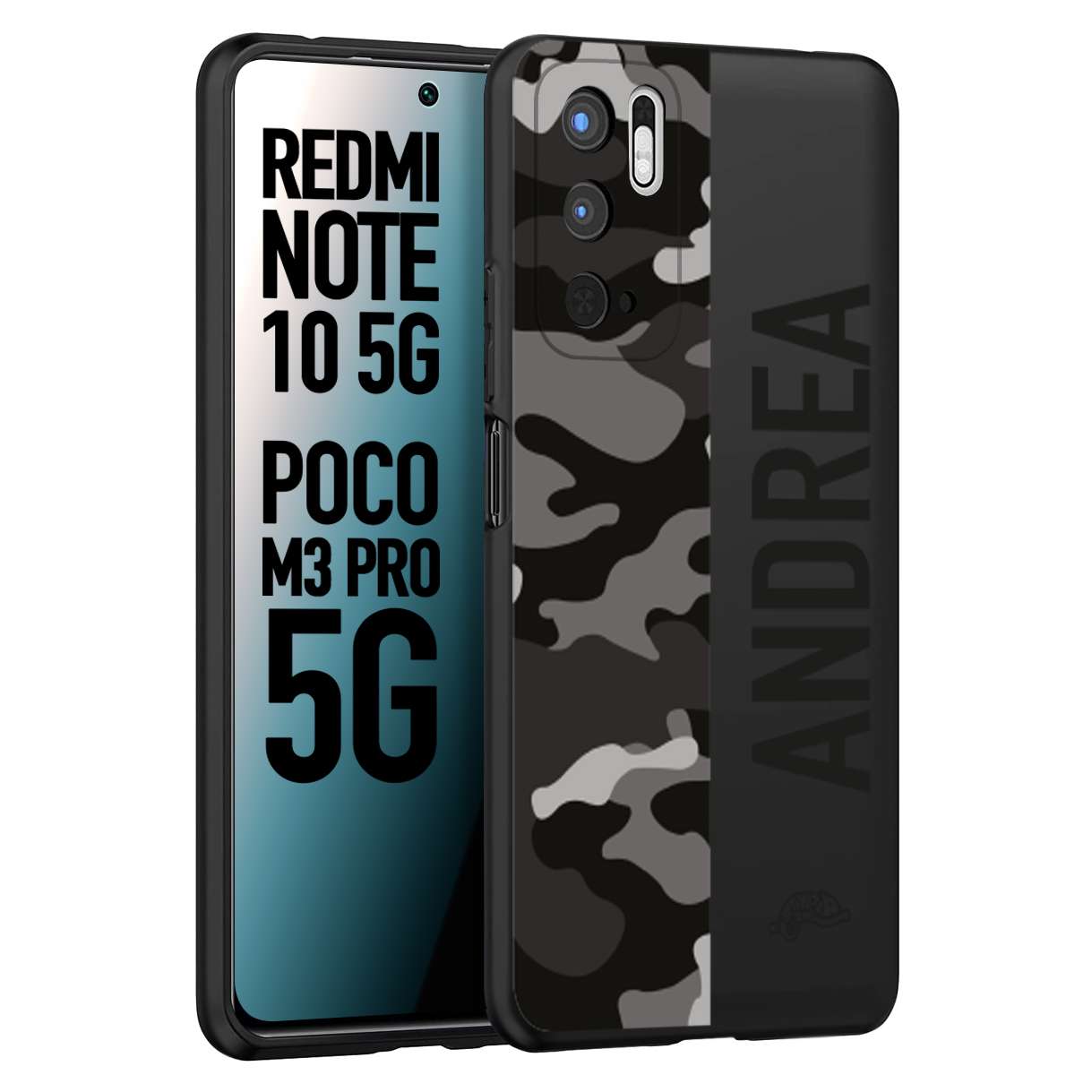 CUSTOMIZZA - Custodia cover nera morbida in tpu compatibile per Xiaomi Redmi Note 10 5G - Poco M3 Pro 5G camouflage mimetico militare personalizzata nome