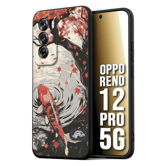 CUSTOMIZZA - Custodia cover nera morbida in tpu compatibile per Oppo Reno 12 PRO 5G giapponese lago carpa koi rossa con foglie d'acero rosso disegnata tattoo
