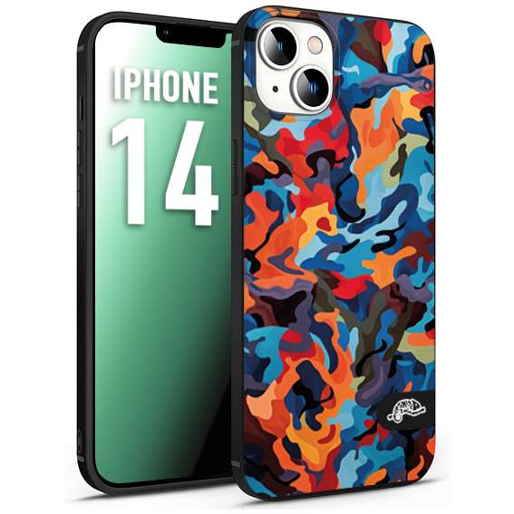 CUSTOMIZZA - Custodia cover nera morbida in tpu compatibile per iPhone 14 camouflage mimetico militare moderno blu arancio rosso