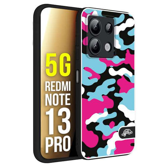 CUSTOMIZZA - Custodia cover nera morbida in tpu compatibile per Xiaomi Redmi Note 13 PRO 5G camouflage mimetico militare fucsia celeste