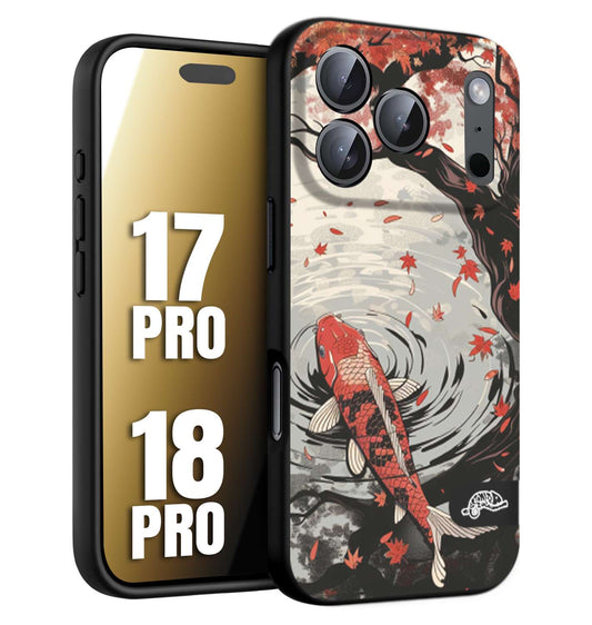CUSTOMIZZA - Custodia cover nera morbida in tpu compatibile per iPhone 17 PRO - 18 PRO giapponese lago carpa koi rossa con foglie d'acero rosso disegnata tattoo