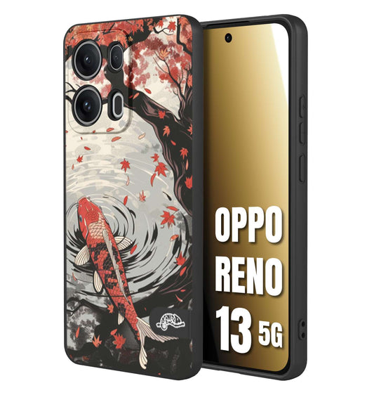 CUSTOMIZZA - Custodia cover nera morbida in tpu compatibile per Oppo Reno 13 5G giapponese lago carpa koi rossa con foglie d'acero rosso disegnata tattoo